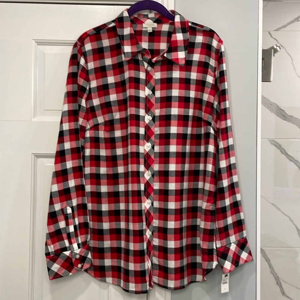 Talbots Black, White, and Red Buffalo Check Button Down Blouse Size L